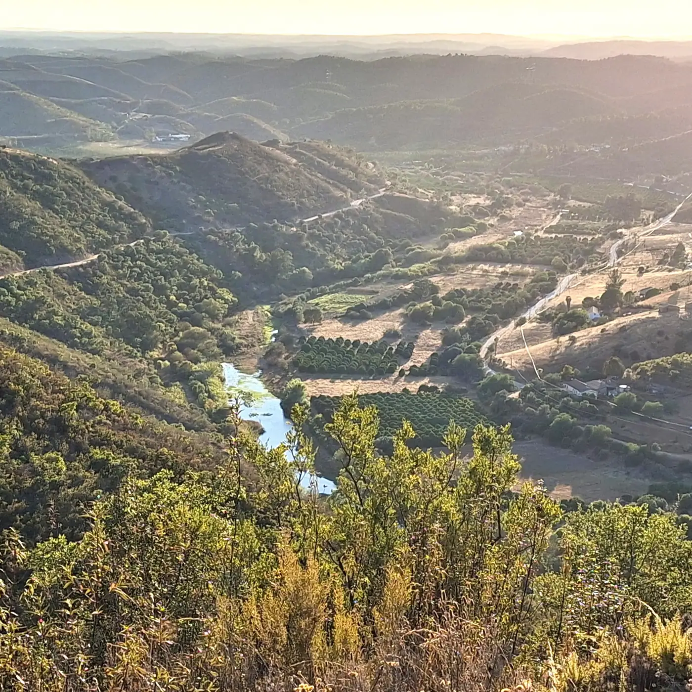 Evening light over a river winding through a deep green valley in the Algarve hills