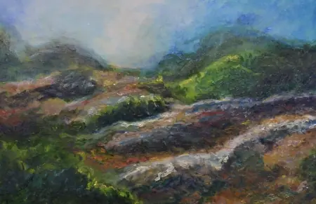 Oil painting by Thyl: green and violet hills under a pale sky